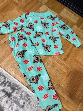 Rudolph red Norse Girls fleece Mint Reindeer & Candy Fleece Pajama Set 3 years